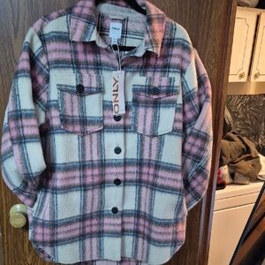 ONLY  Pink and Gray Plaid Button Down Shacket